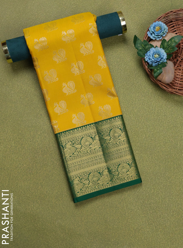 Pure silk unstitched kids lehenga yellow and green with allover silver zari woven annam buttas and rich zari woven border
