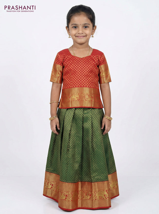 Pure silk unstitched kids lehenga green and red with allover zari woven brocade weaves and rich zari woven border