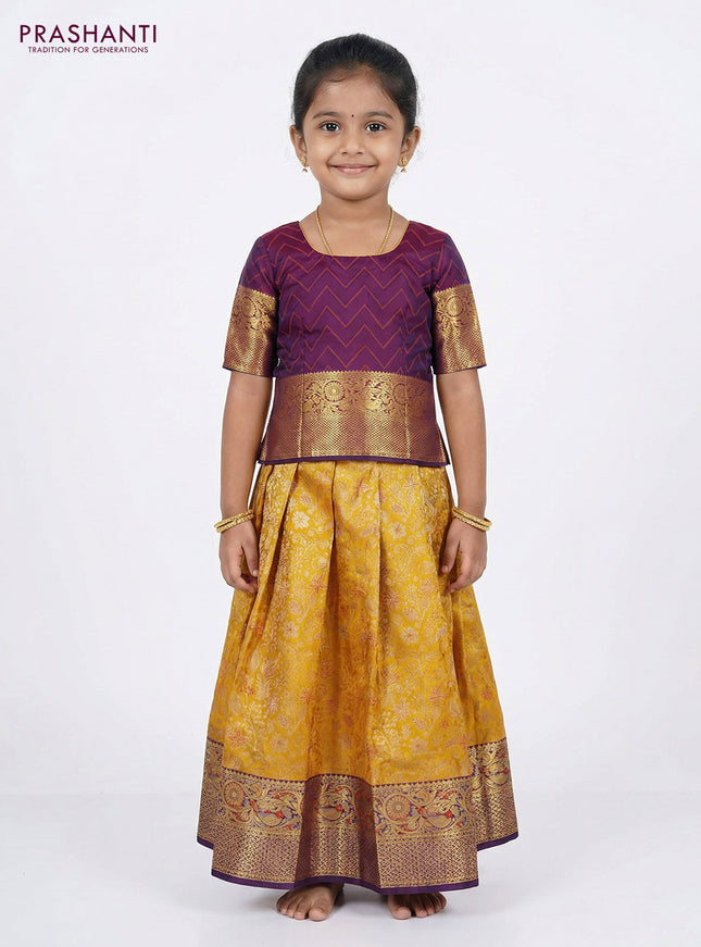 Pure silk unstitched kids lehenga mango yellow and purple shade with allover zari woven brocade weaves and rich zari woven border
