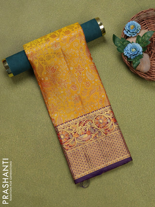 Pure silk unstitched kids lehenga mango yellow and purple shade with allover zari woven brocade weaves and rich zari woven border