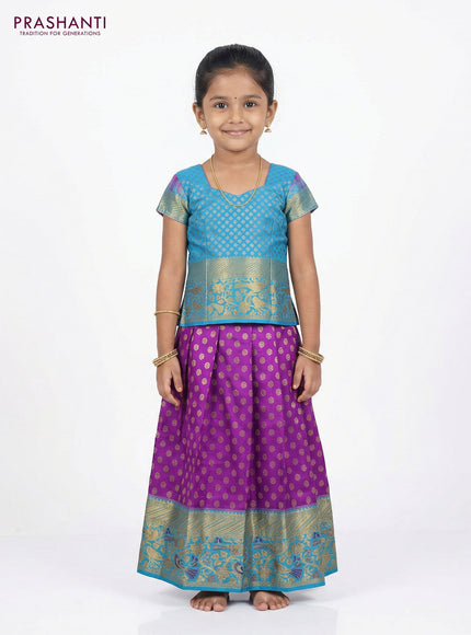 Pure silk unstitched kids lehenga purple and teal blue with allover zari woven buttas and rich zari woven border