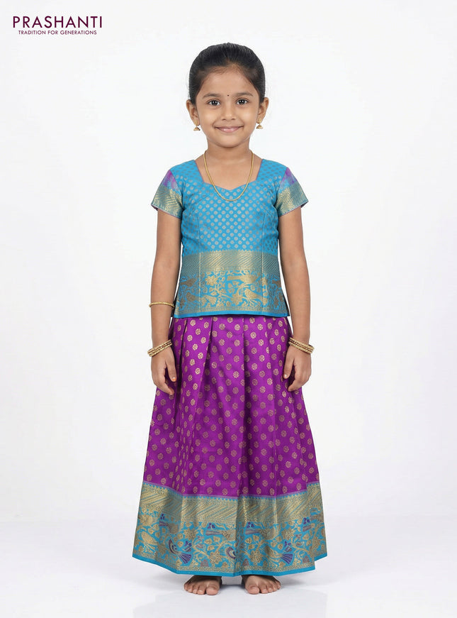 Pure silk unstitched kids lehenga purple and teal blue with allover zari woven buttas and rich zari woven border