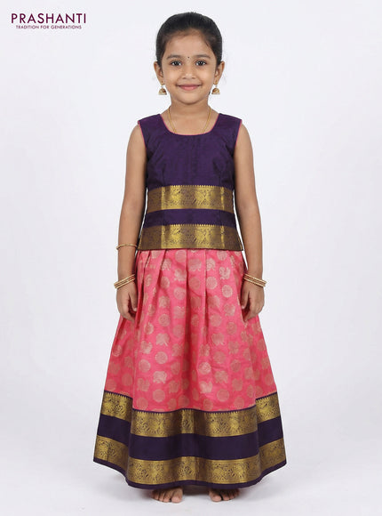 Pure silk unstitched kids lehenga pink and deep violet with allover silver zari woven buttas and rettapet zari woven border