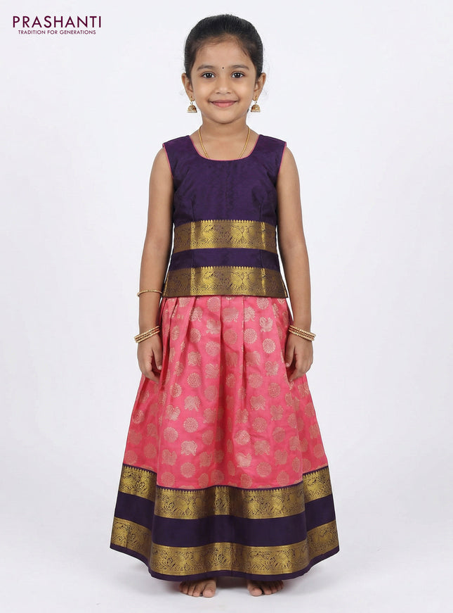 Pure silk unstitched kids lehenga pink and deep violet with allover silver zari woven buttas and rettapet zari woven border