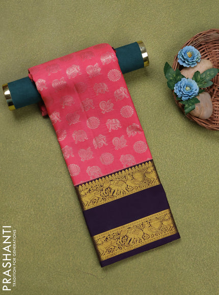 Pure silk unstitched kids lehenga pink and deep violet with allover silver zari woven buttas and rettapet zari woven border