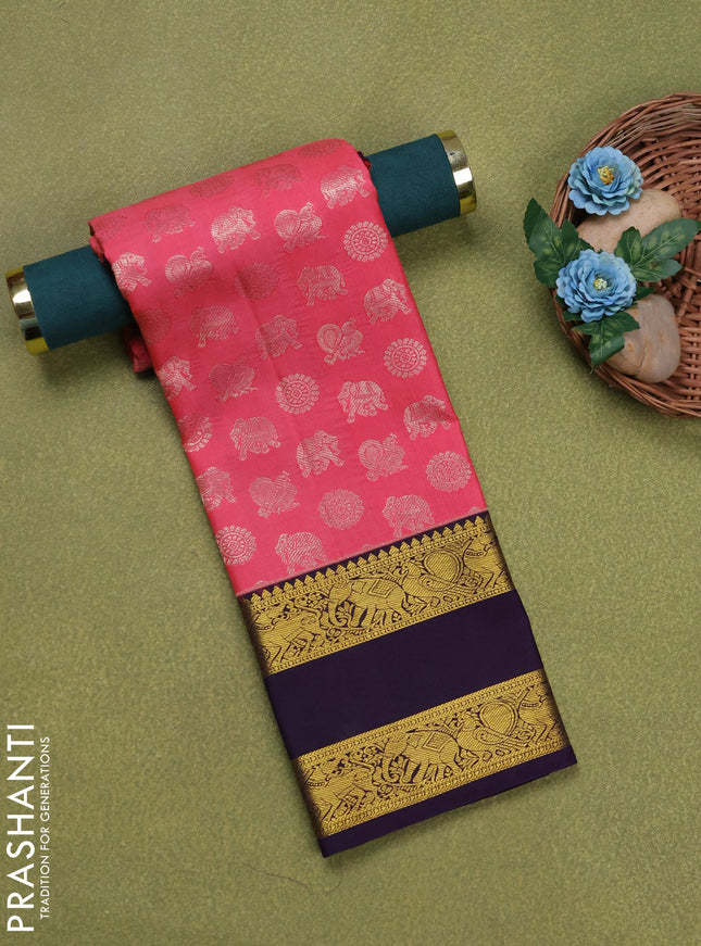 Pure silk unstitched kids lehenga pink and deep violet with allover silver zari woven buttas and rettapet zari woven border