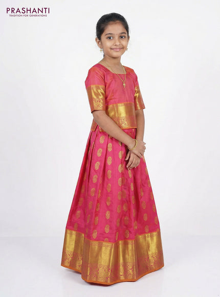 Pure silk unstitched kids lehenga pink and dual shade of mustard with paisley zari woven buttas and rich zari woven border
