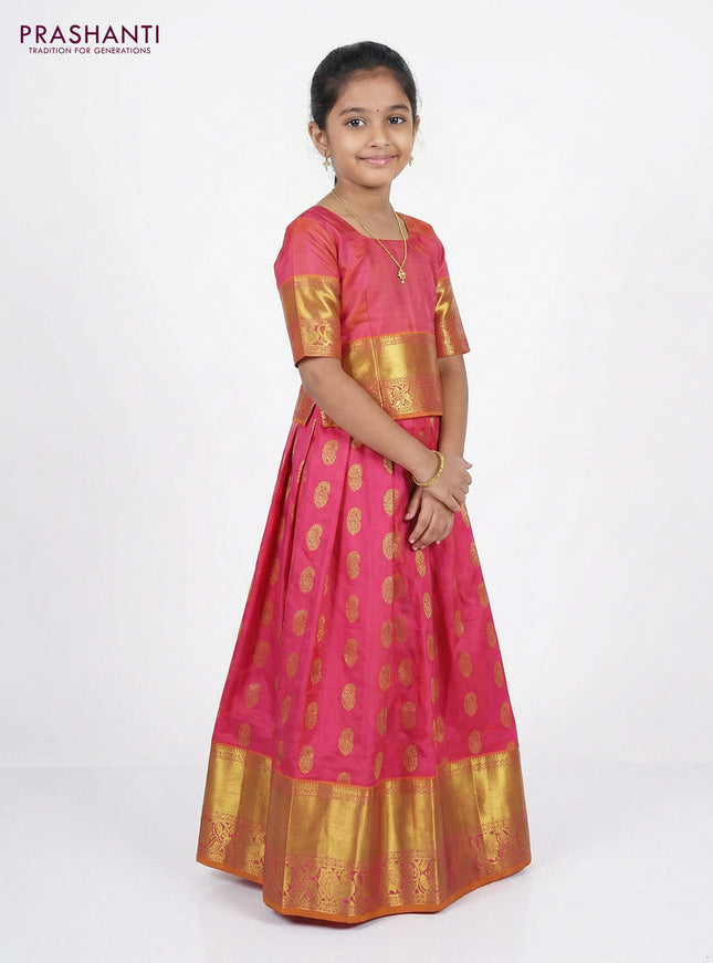 Pure silk unstitched kids lehenga pink and dual shade of mustard with paisley zari woven buttas and rich zari woven border