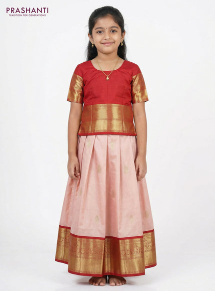 Pure silk unstitched kids lehenga pastel peach and pink with zari woven buttas and rich zari woven border