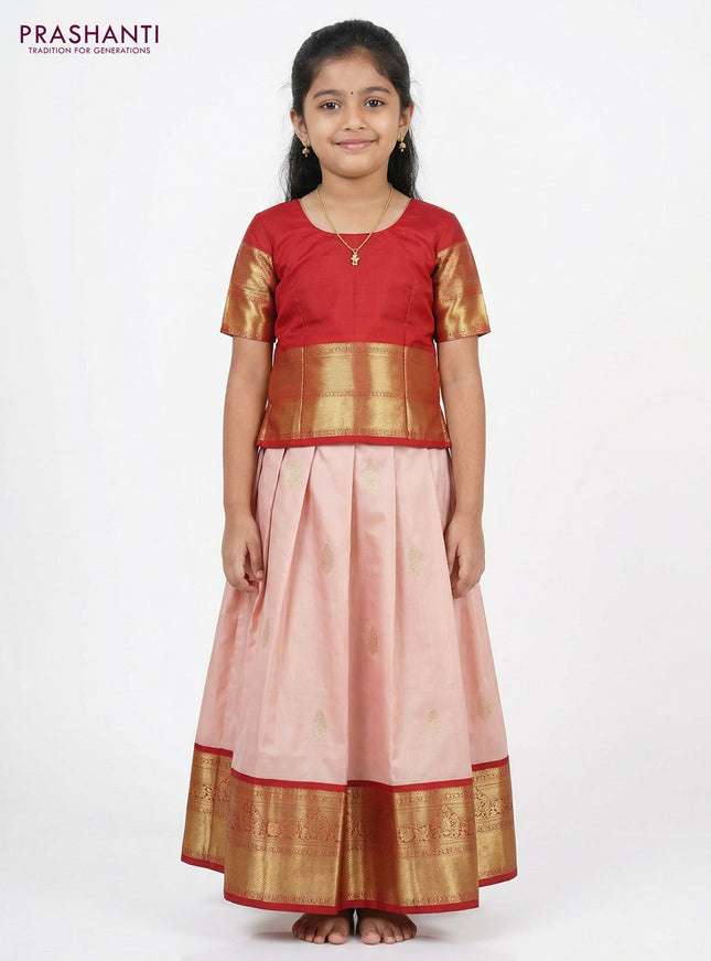 Pure silk unstitched kids lehenga pastel peach and pink with zari woven buttas and rich zari woven border