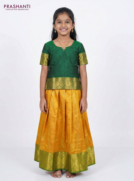 Pure silk unstitched kids lehenga mango yellow and green with paisley zari woven buttas and rich zari woven border