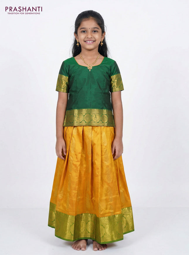 Pure silk unstitched kids lehenga mango yellow and green with paisley zari woven buttas and rich zari woven border
