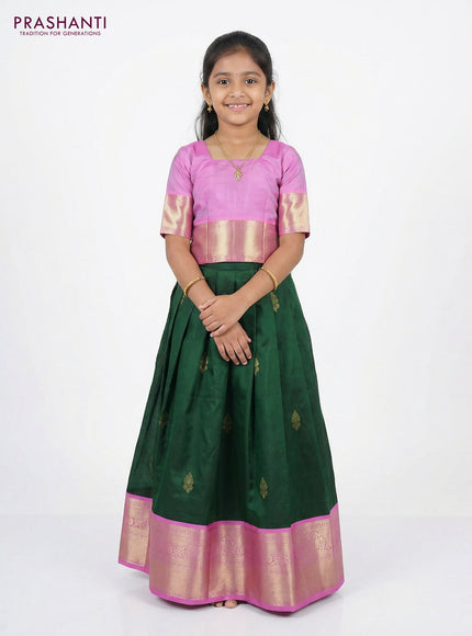 Pure silk unstitched kids lehenga green and lotus pink with zari woven buttas and rich zari woven border