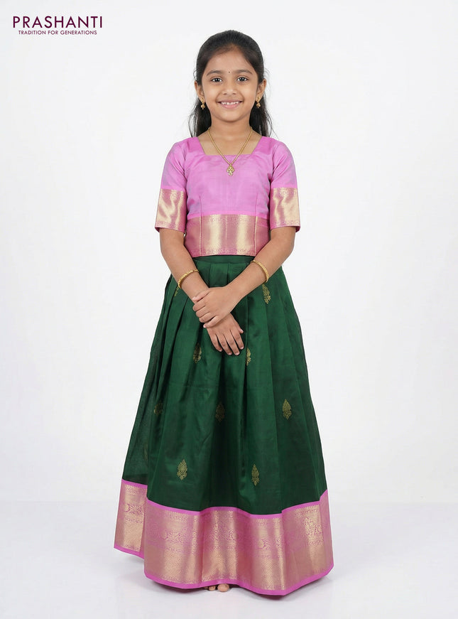 Pure silk unstitched kids lehenga green and lotus pink with zari woven buttas and rich zari woven border