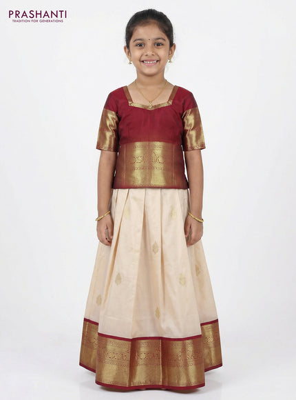 Pure silk unstitched kids lehenga cream and maroon with zari woven buttas and rich zari woven border