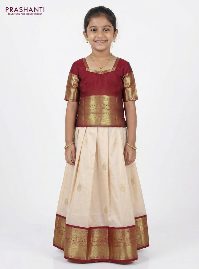 Pure silk unstitched kids lehenga cream and maroon with zari woven buttas and rich zari woven border