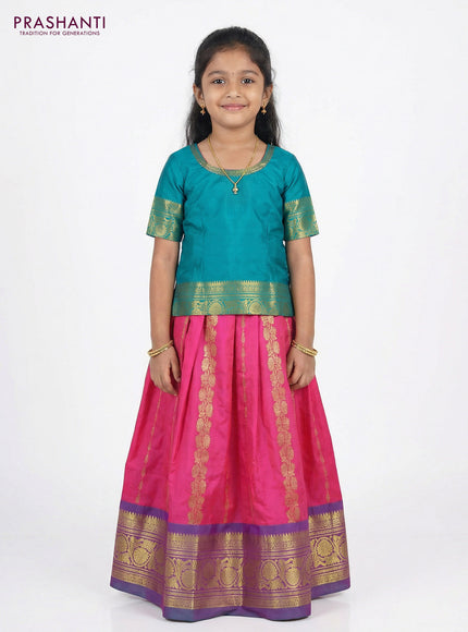 Pure silk unstitched kids lehenga candy pink and teal green with allover zari weaves and rich zari woven border
