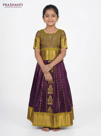 Pure silk unstitched kids lehenga jamun shade and mehendi green with allover zari weaves and rich zari woven border
