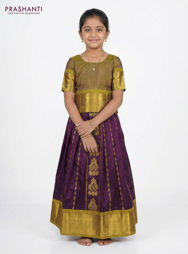 Pure silk unstitched kids lehenga jamun shade and mehendi green with allover zari weaves and rich zari woven border