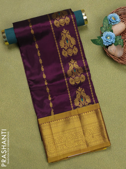 Pure silk unstitched kids lehenga jamun shade and mehendi green with allover zari weaves and rich zari woven border