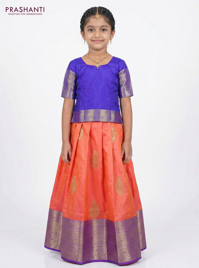 Pure silk unstitched kids lehenga peach orange and blue with zari woven buttas and long zari woven border