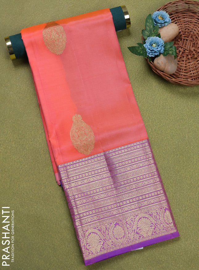 Pure silk unstitched kids lehenga peach orange and blue with zari woven buttas and long zari woven border