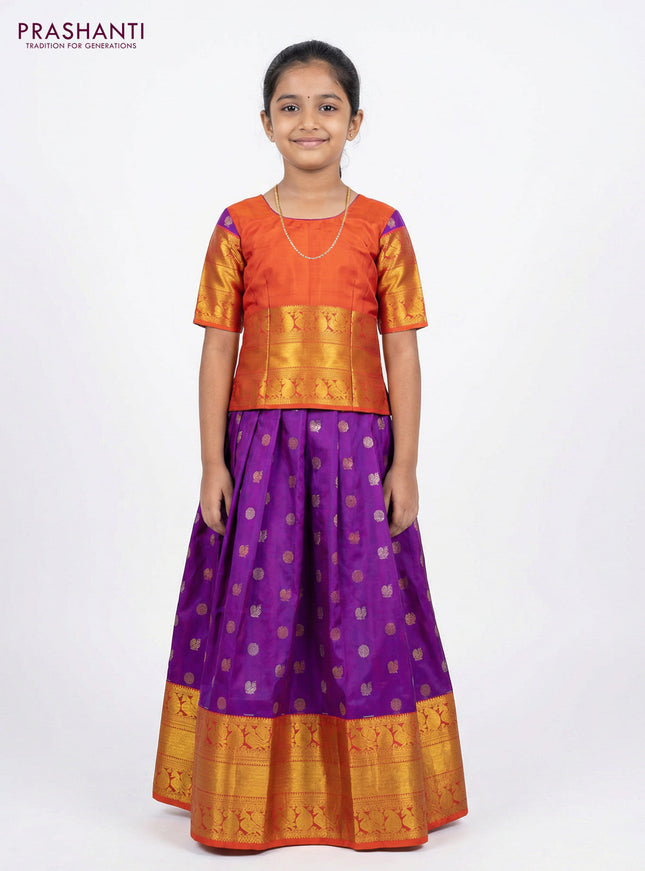 Pure silk unstitched kids lehenga purple and dual shade of orange with rudhraksha & annam zari woven buttas and long rich zari woven border