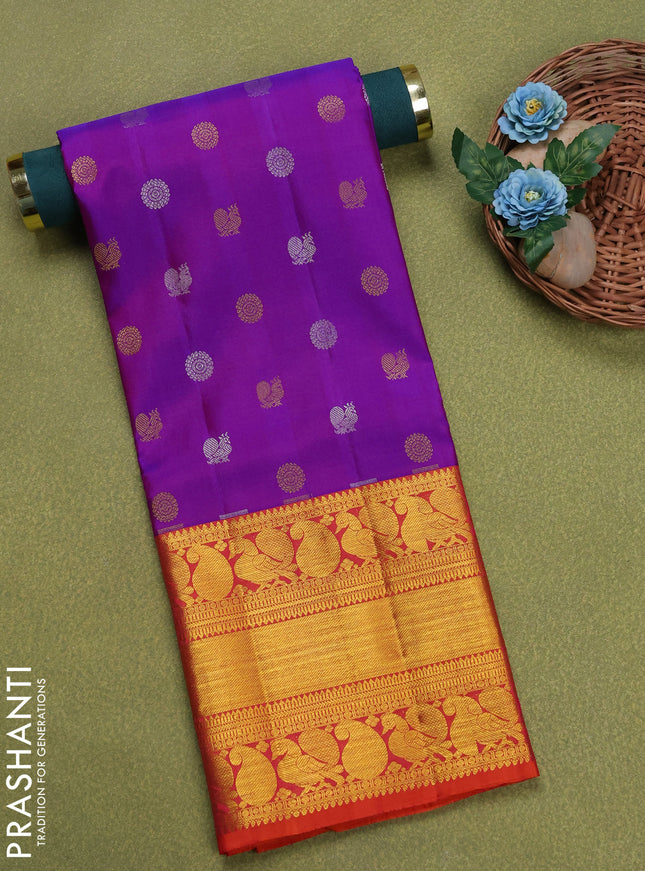 Pure silk unstitched kids lehenga purple and dual shade of orange with rudhraksha & annam zari woven buttas and long rich zari woven border