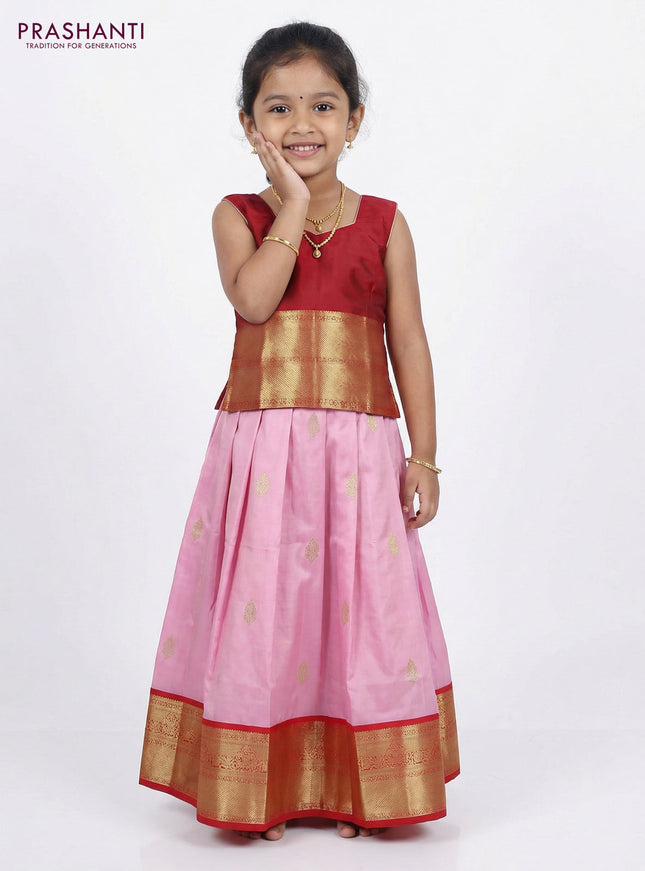 Pure silk unstitched kids lehenga baby pink and red with zari woven buttas and rich zari woven border