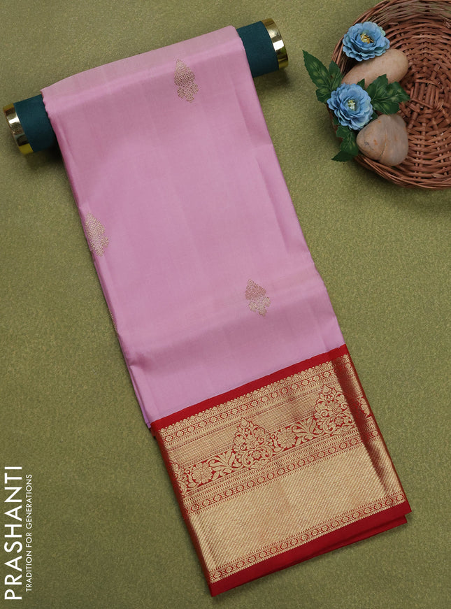 Pure silk unstitched kids lehenga baby pink and red with zari woven buttas and rich zari woven border