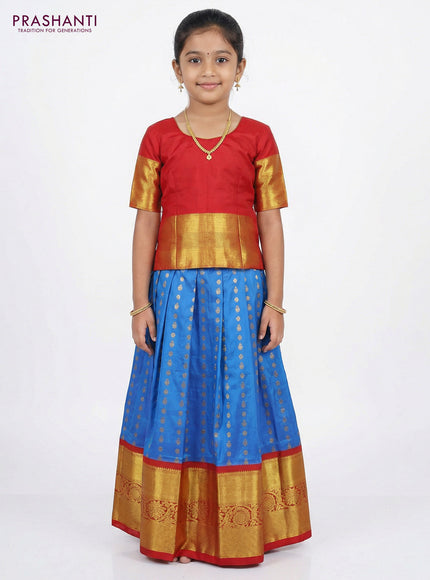 Pure silk unstitched kids lehenga blue and red with allover zari woven buttas and long zari woven border