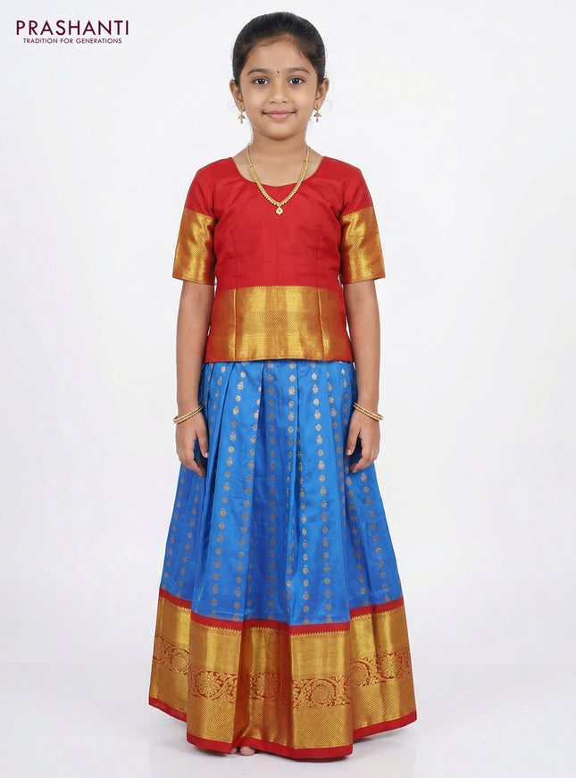 Pure silk unstitched kids lehenga blue and red with allover zari woven buttas and long zari woven border