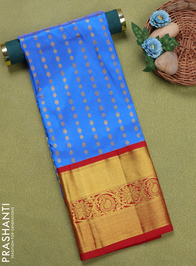 Pure silk unstitched kids lehenga blue and red with allover zari woven buttas and long zari woven border