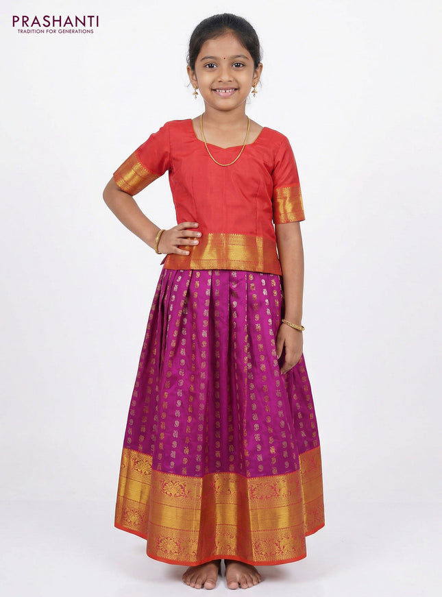 Pure silk unstitched kids lehenga purple and orange with allover silver & gold zari woven buttas and long rich zari woven border