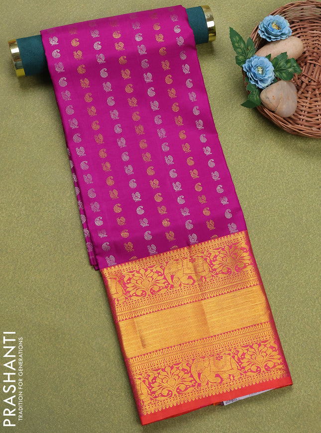 Pure silk unstitched kids lehenga purple and orange with allover silver & gold zari woven buttas and long rich zari woven border