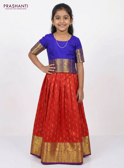 Pure silk unstitched kids lehenga red and blue with allover zari woven buttas and annnam zari woven border