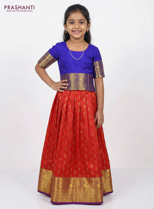 Pure silk unstitched kids lehenga red and blue with allover zari woven buttas and annnam zari woven border