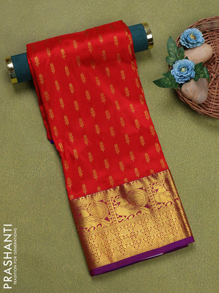 Pure silk unstitched kids lehenga red and blue with allover zari woven buttas and annnam zari woven border