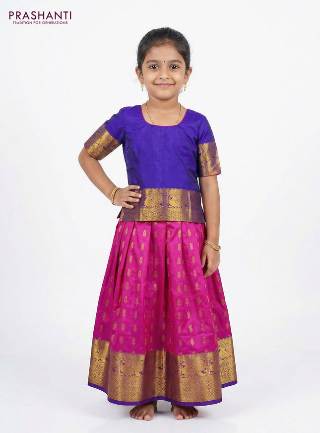 Pure silk unstitched kids lehenga pink and blue with allover zari woven buttas and rich annam zari woven border