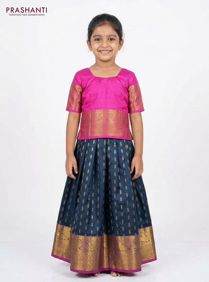 Pure silk unstitched kids lehenga peacock blue and pink with allover zari woven buttas and rich zari woven border