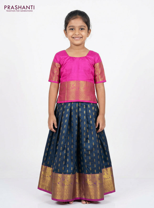 Pure silk unstitched kids lehenga peacock blue and pink with allover zari woven buttas and rich zari woven border