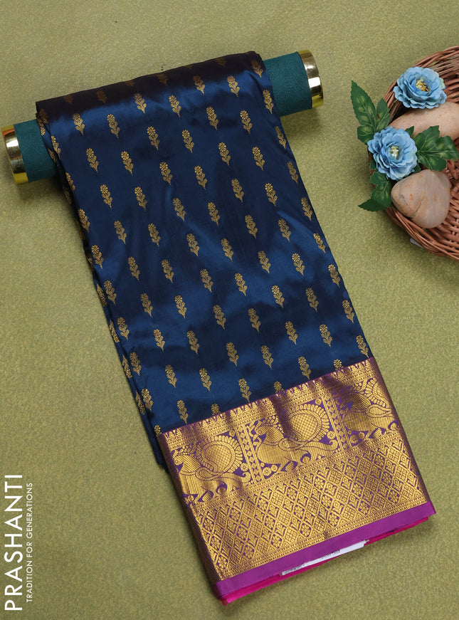 Pure silk unstitched kids lehenga peacock blue and pink with allover zari woven buttas and rich zari woven border