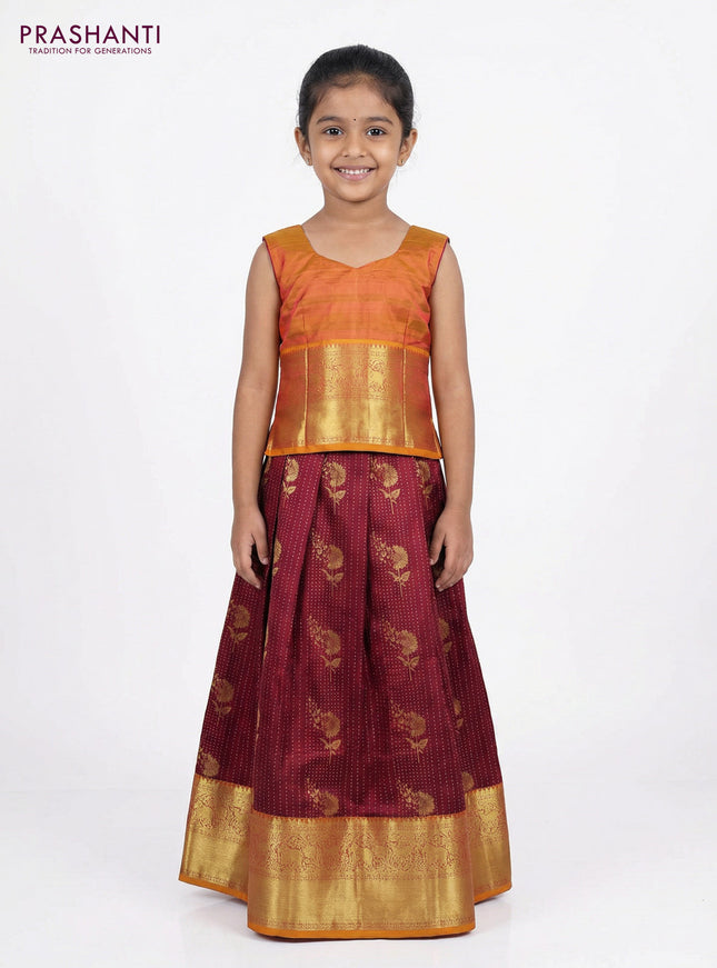 Pure silk unstitched kids lehenga dark magenta pink and dual shade of yellow with allover zari weaves and rich zari woven border