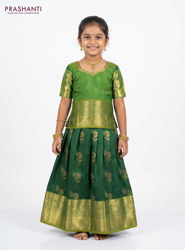 Pure silk unstitched kids lehenga green and light green with allover zari weaves and rich zari woven border