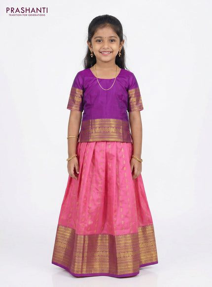 Pure silk unstitched kids lehenga candy pink and purple with allover zari woven buttas and zari woven border