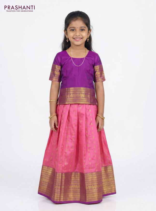 Pure silk unstitched kids lehenga candy pink and purple with allover zari woven buttas and zari woven border