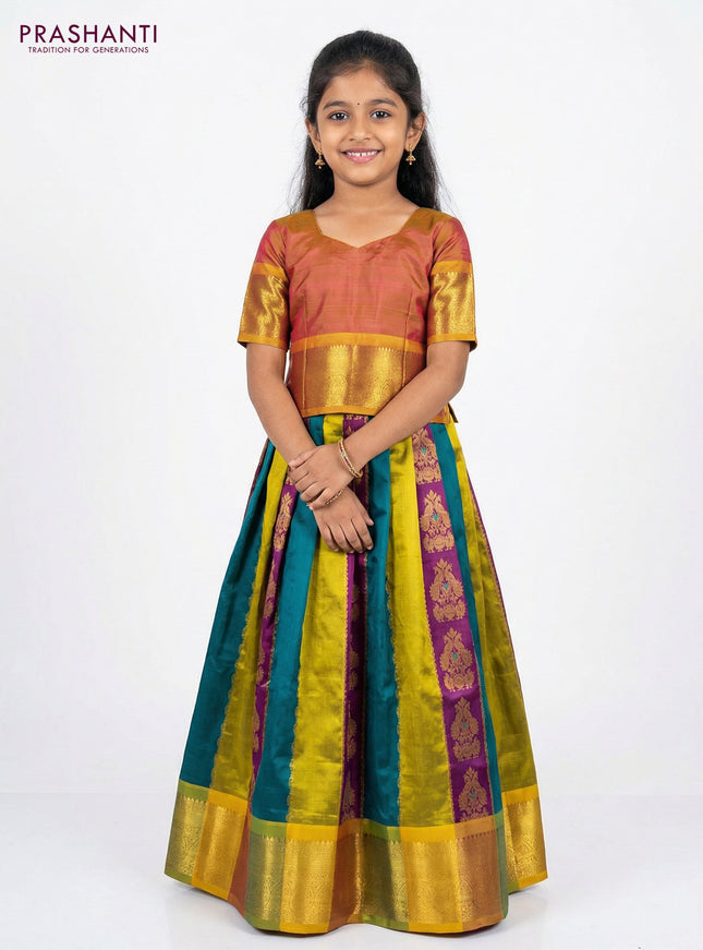 Pure silk unstitched kids lehenga multi colour and dual shade of yellowish purple with allover zari weaves and zari woven border