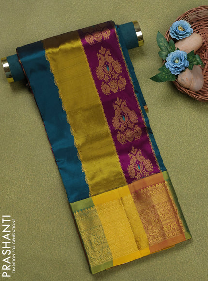 Pure silk unstitched kids lehenga multi colour and dual shade of yellowish purple with allover zari weaves and zari woven border