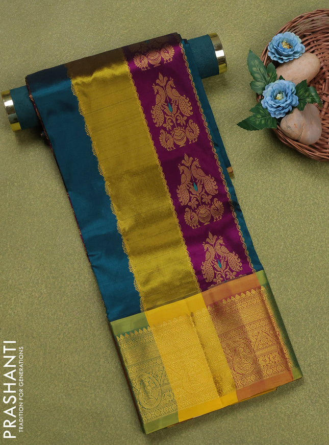 Pure silk unstitched kids lehenga multi colour and dual shade of yellowish purple with allover zari weaves and zari woven border