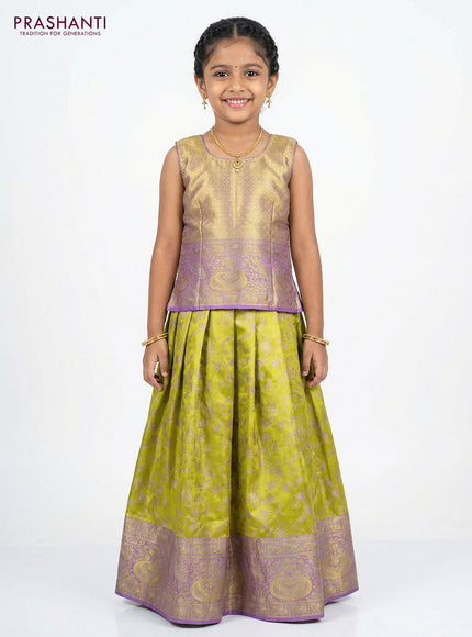 Pure silk tissue unstitched kids lehenga lime yellow and lavender with allover zari woven brocade weaves and rich zari woven border